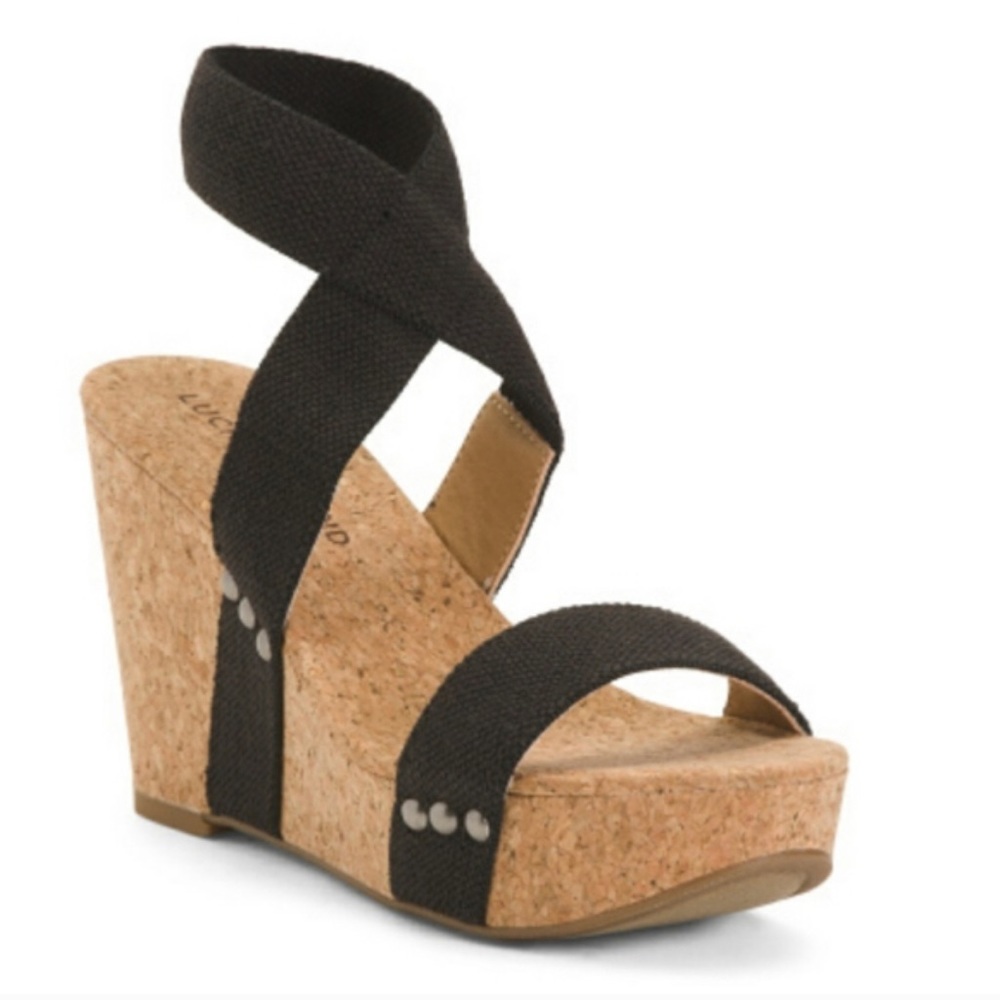 Lucky Brand Black Linen Elastic Wedge Size 9 Sandals